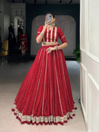 Lorenvalley Fashion Red Chiffon Bandhej Print with Sequins and Gotta Patti Lace Touch Up Lehenga Choli | Grocsy