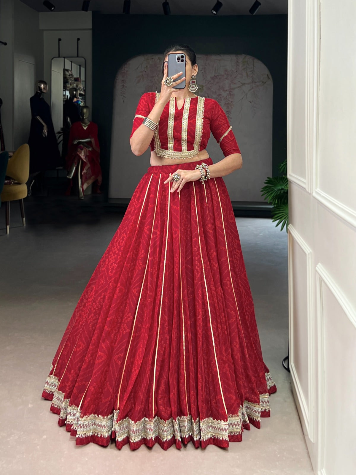 Lorenvalley Fashion Red Chiffon Bandhej Print with Sequins and Gotta Patti Lace Touch Up Lehenga Choli | Grocsy
