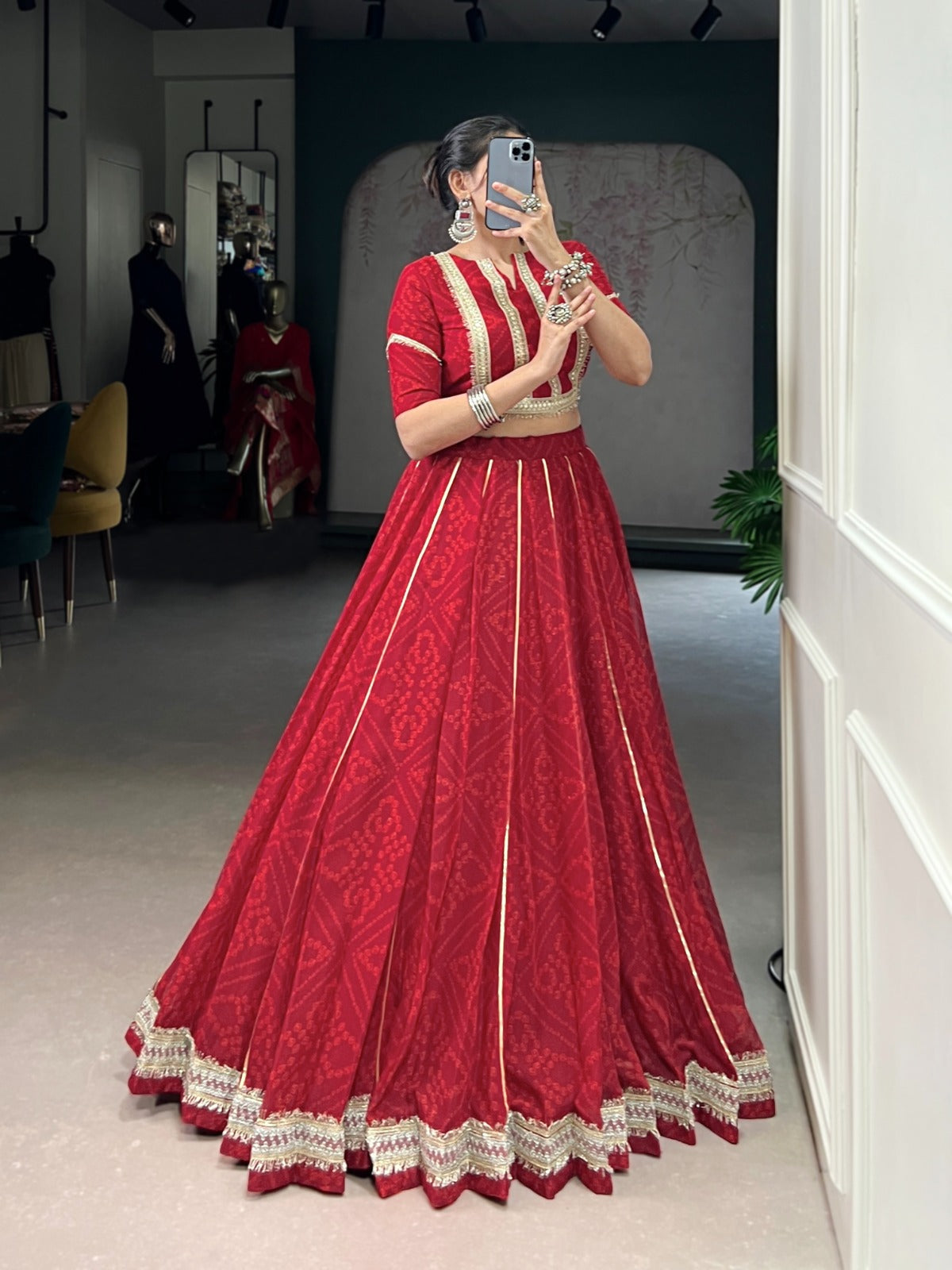 Lorenvalley Fashion Red Chiffon Bandhej Print with Sequins and Gotta Patti Lace Touch Up Lehenga Choli | Grocsy