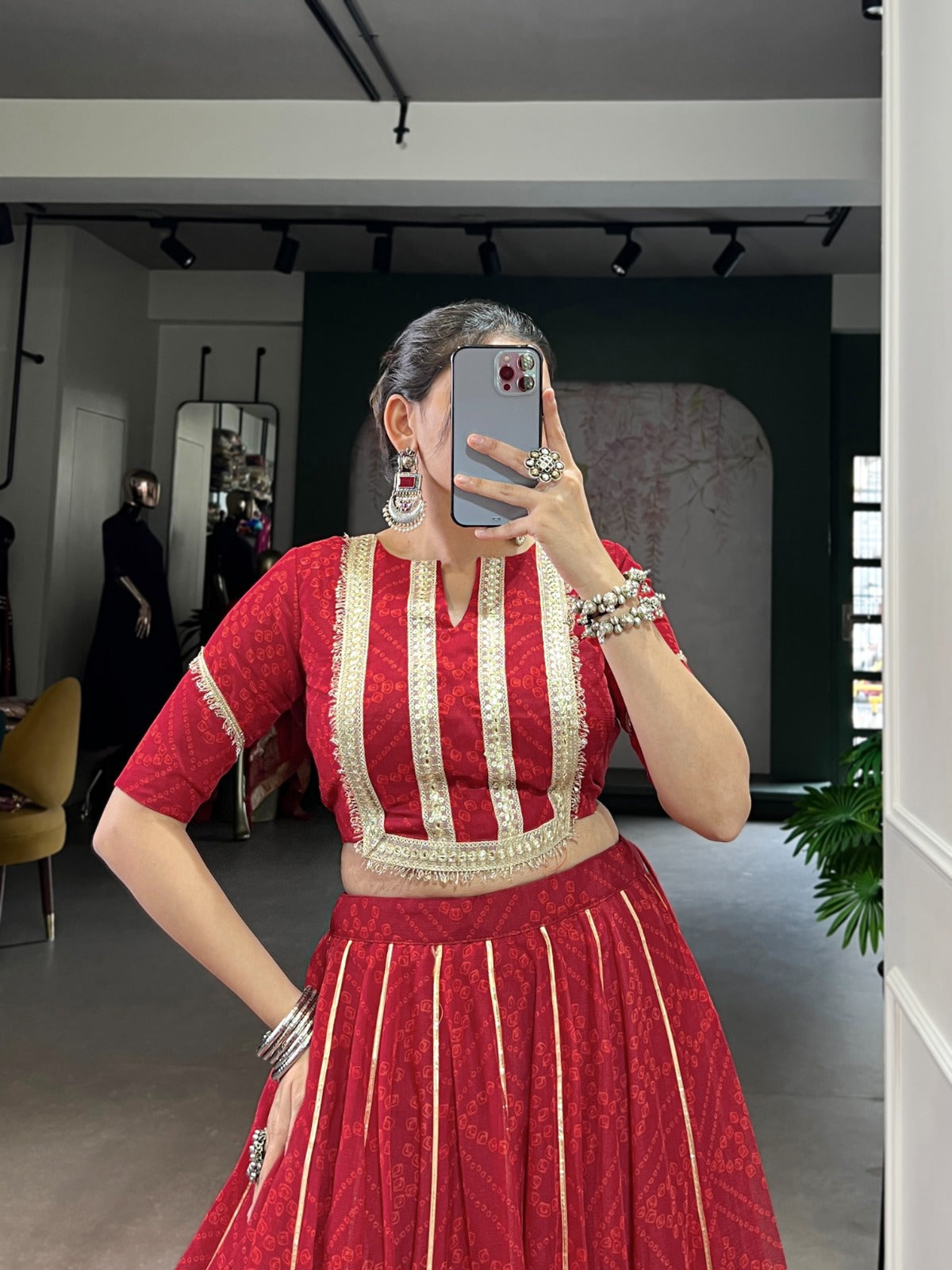 Lorenvalley Fashion Red Chiffon Bandhej Print with Sequins and Gotta Patti Lace Touch Up Lehenga Choli | Grocsy