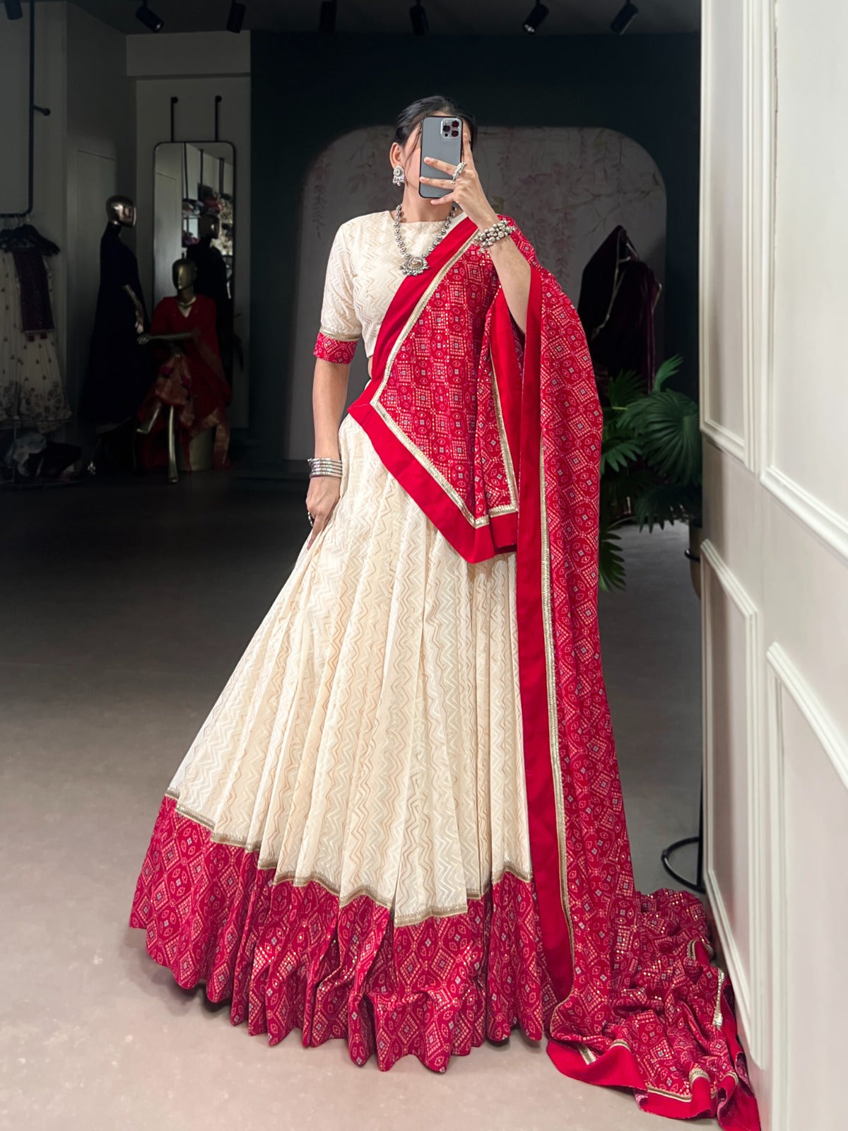 Lorenvalley Fashion Offwhite Cotton Zigzag and Bandhej Print With Sequins Lace Touch Up Lehenga Choli with Dupatta | Grocsy
