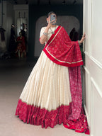 Lorenvalley Fashion Offwhite Cotton Zigzag and Bandhej Print With Sequins Lace Touch Up Lehenga Choli with Dupatta | Grocsy