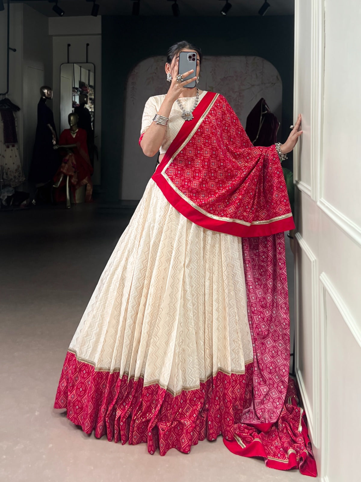 Lorenvalley Fashion Offwhite Cotton Zigzag and Bandhej Print With Sequins Lace Touch Up Lehenga Choli with Dupatta | Grocsy