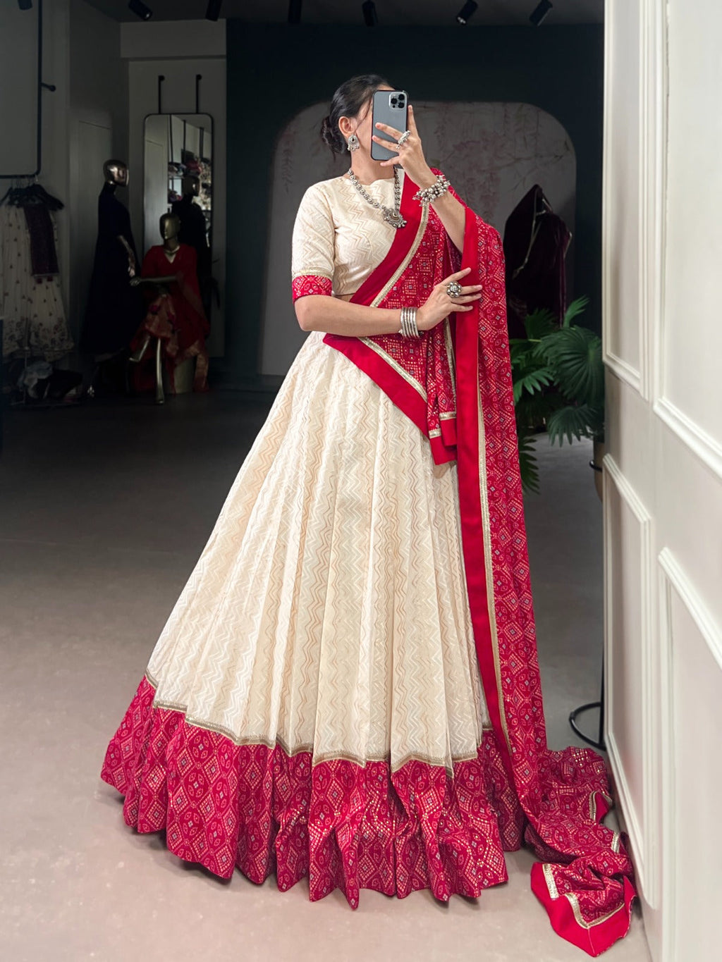 Lorenvalley Fashion Offwhite Cotton Zigzag and Bandhej Print With Sequins Lace Touch Up Lehenga Choli with Dupatta | Grocsy