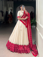 Lorenvalley Fashion Offwhite Cotton Zigzag and Bandhej Print With Sequins Lace Touch Up Lehenga Choli with Dupatta | Grocsy