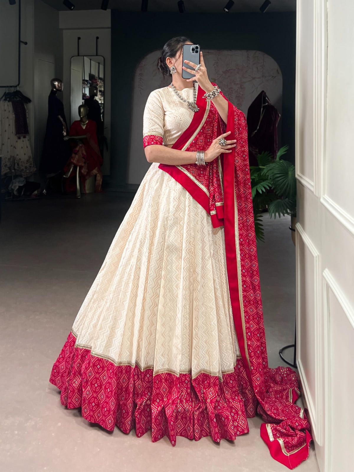 Lorenvalley Fashion Offwhite Cotton Zigzag and Bandhej Print With Sequins Lace Touch Up Lehenga Choli with Dupatta | Grocsy