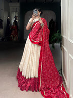 Lorenvalley Fashion Offwhite Cotton Zigzag and Bandhej Print With Sequins Lace Touch Up Lehenga Choli with Dupatta | Grocsy