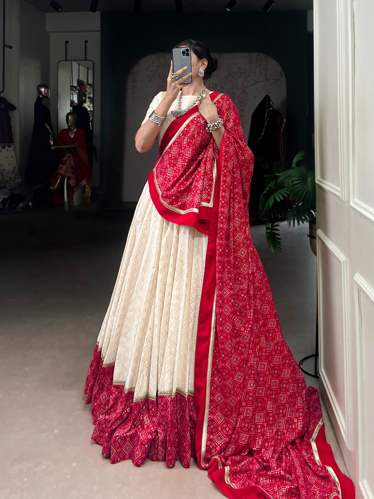 Lorenvalley Fashion Offwhite Cotton Zigzag and Bandhej Print With Sequins Lace Touch Up Lehenga Choli with Dupatta | Grocsy