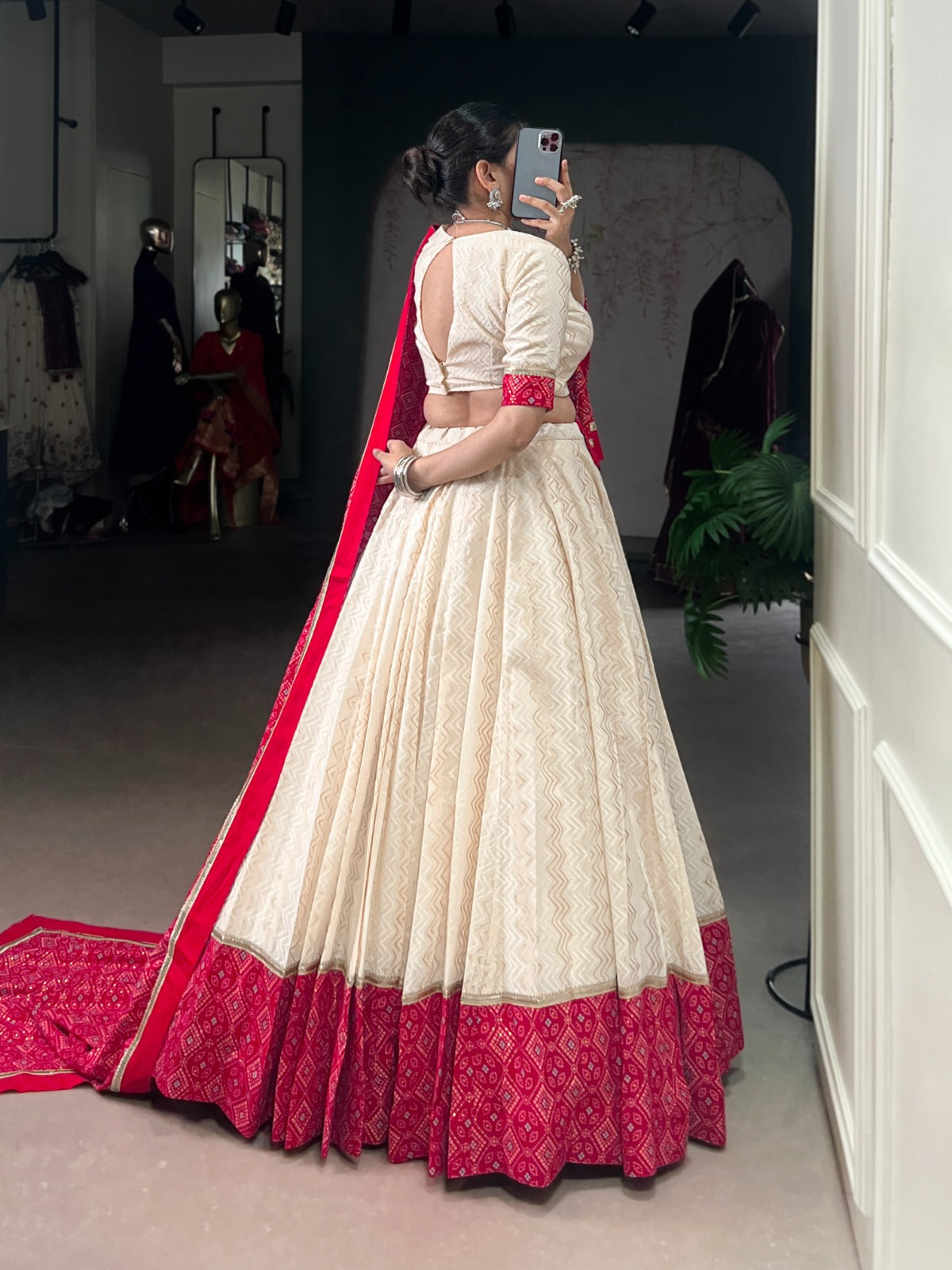 Lorenvalley Fashion Offwhite Cotton Zigzag and Bandhej Print With Sequins Lace Touch Up Lehenga Choli with Dupatta | Grocsy