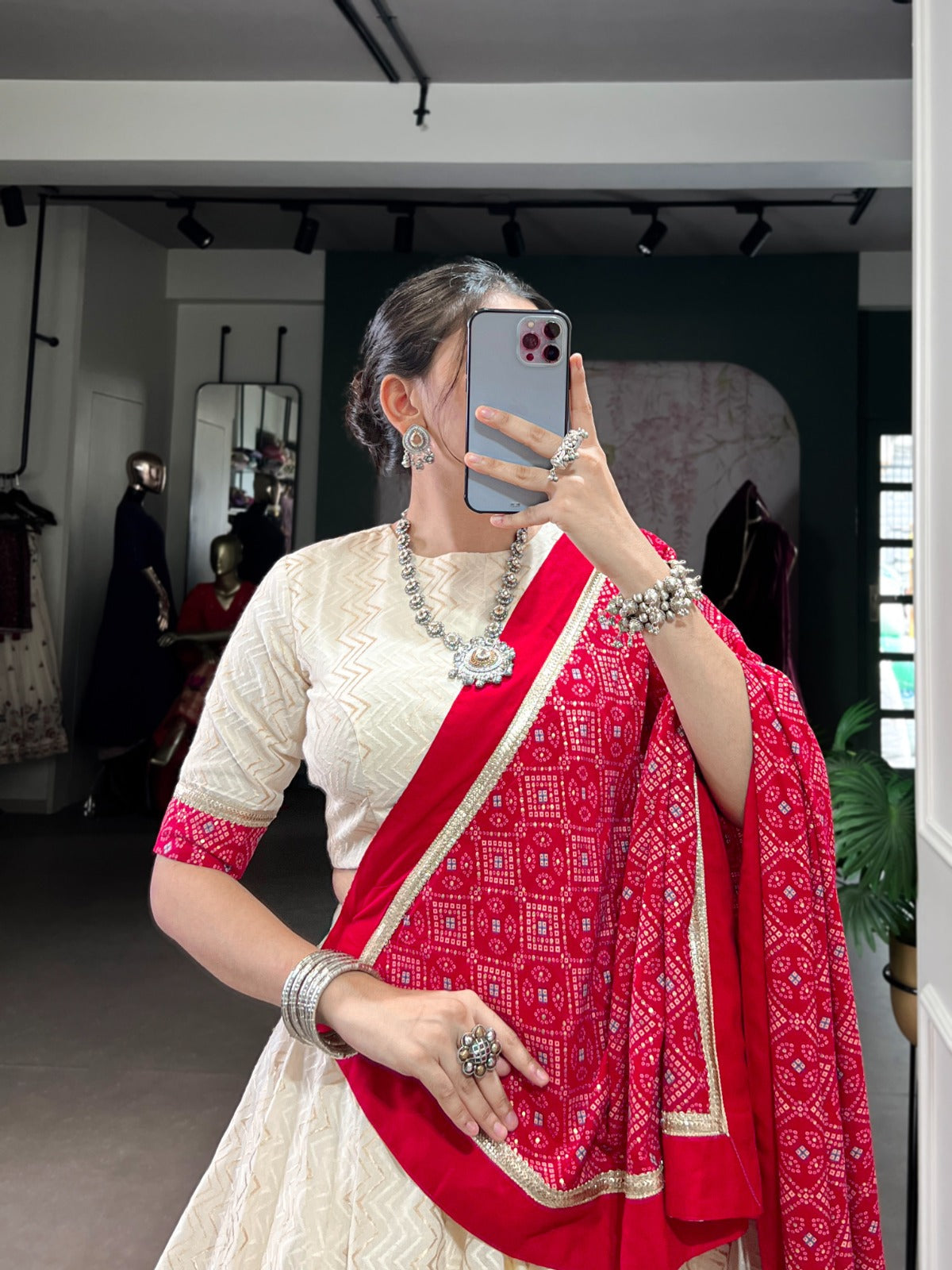Lorenvalley Fashion Offwhite Cotton Zigzag and Bandhej Print With Sequins Lace Touch Up Lehenga Choli with Dupatta | Grocsy