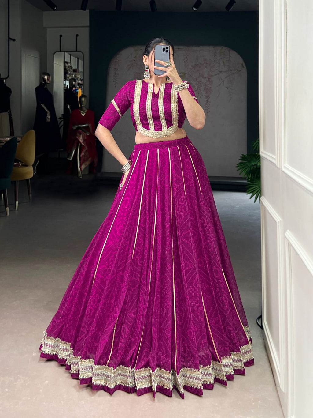 Lorenvalley Fashion Wine Chiffon Bandhej Print with Sequins and Gotta Patti Lace Touch Up Lehenga Choli | Grocsy