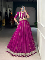 Lorenvalley Fashion Wine Chiffon Bandhej Print with Sequins and Gotta Patti Lace Touch Up Lehenga Choli | Grocsy