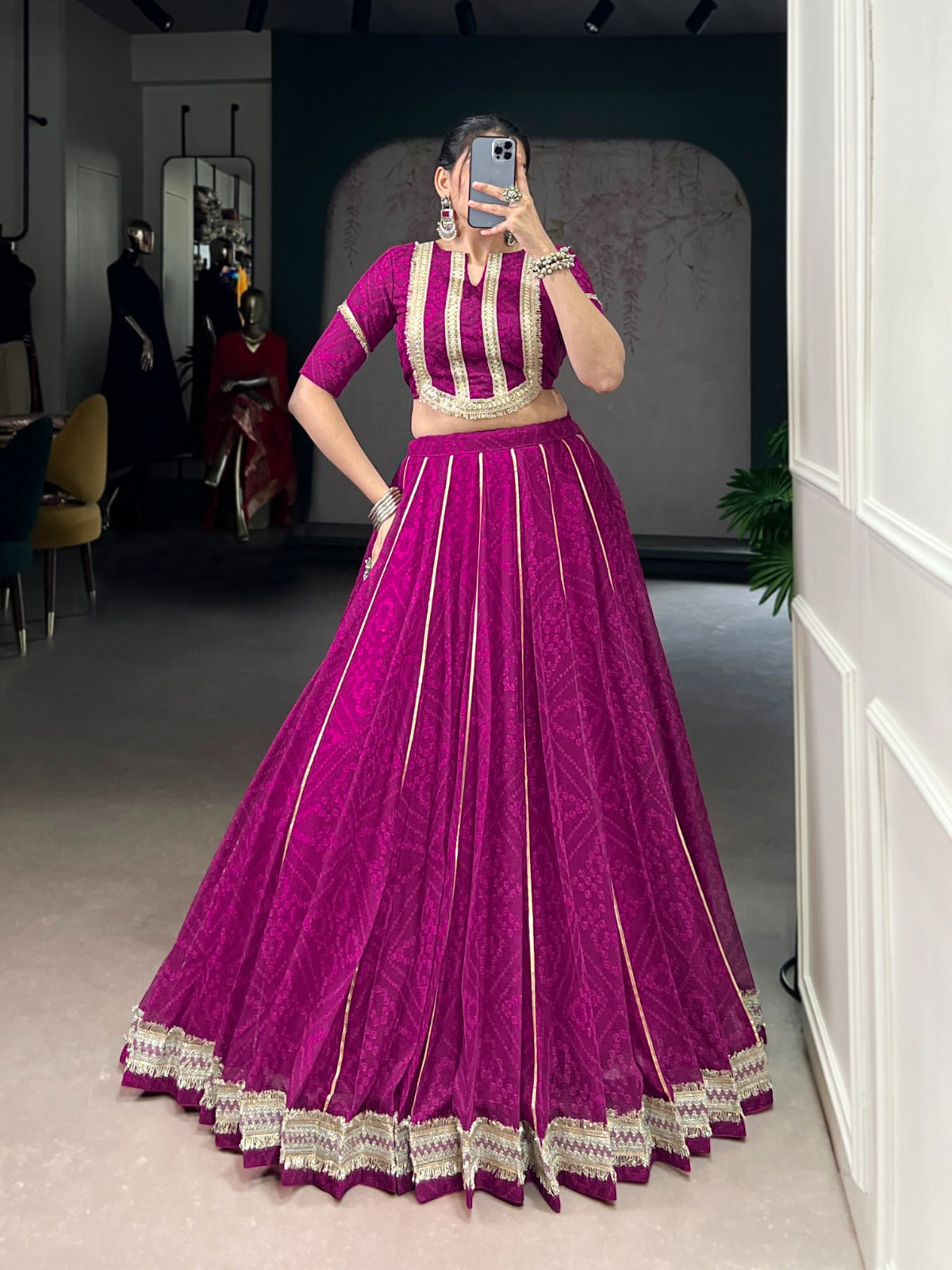 Lorenvalley Fashion Wine Chiffon Bandhej Print with Sequins and Gotta Patti Lace Touch Up Lehenga Choli | Grocsy