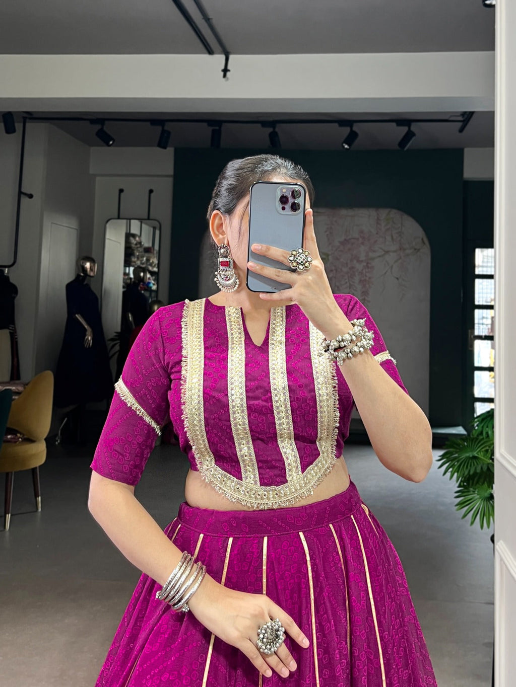 Lorenvalley Fashion Wine Chiffon Bandhej Print with Sequins and Gotta Patti Lace Touch Up Lehenga Choli | Grocsy