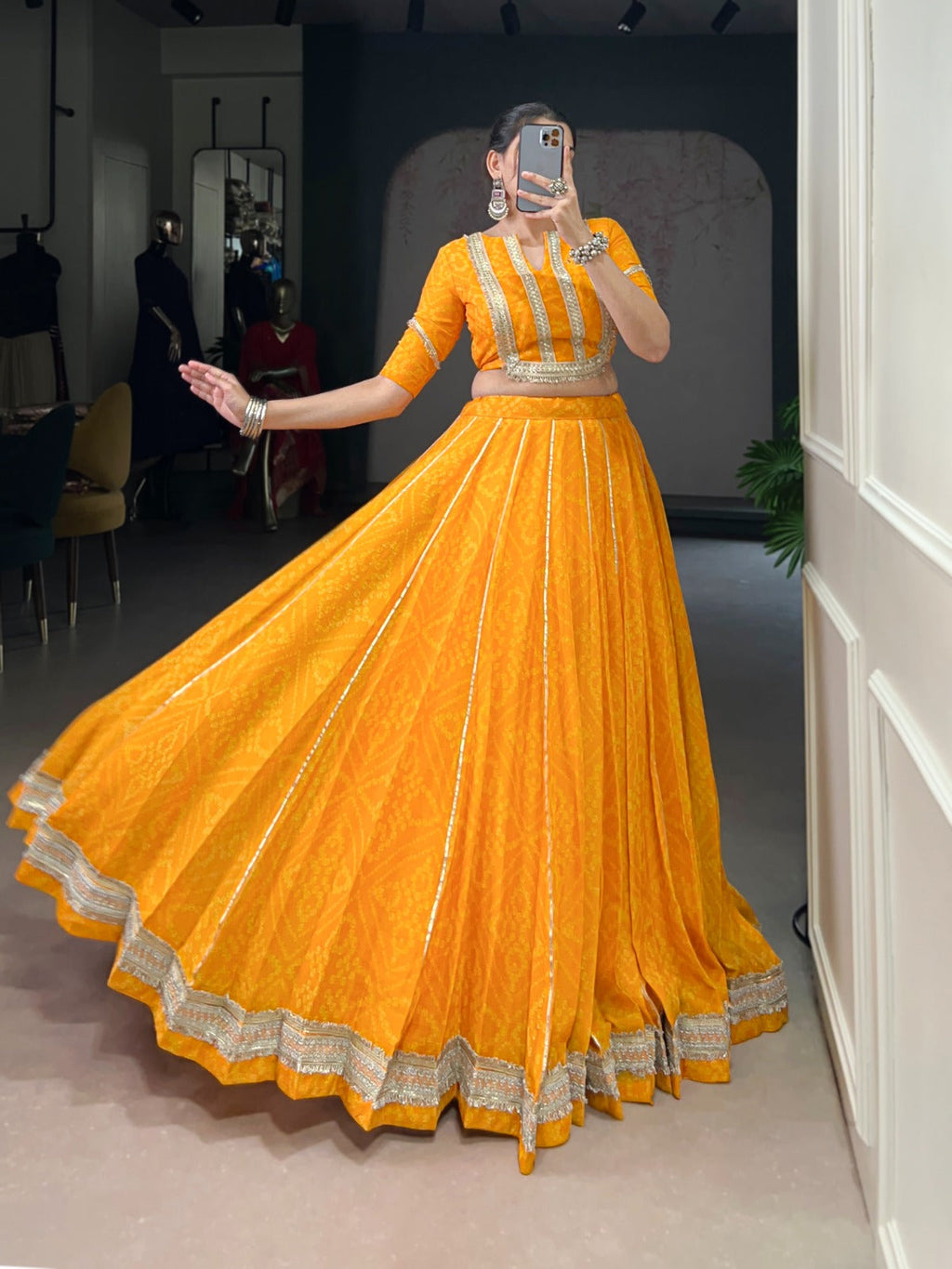 Lorenvalley Fashion Yellow Chiffon Bandhej Print with Sequins and Gotta Patti Lace Touch Up Lehenga Choli | Grocsy