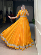Lorenvalley Fashion Yellow Chiffon Bandhej Print with Sequins and Gotta Patti Lace Touch Up Lehenga Choli | Grocsy