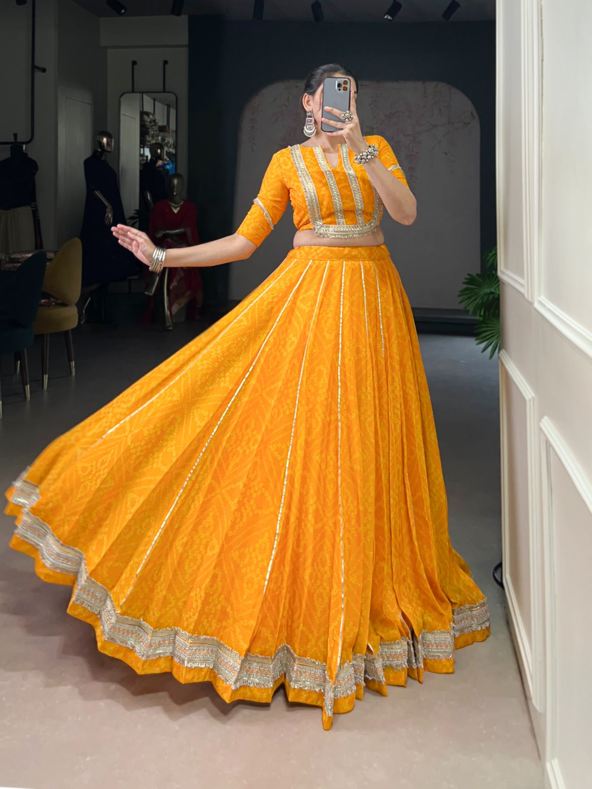 Lorenvalley Fashion Yellow Chiffon Bandhej Print with Sequins and Gotta Patti Lace Touch Up Lehenga Choli | Grocsy