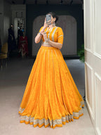 Lorenvalley Fashion Yellow Chiffon Bandhej Print with Sequins and Gotta Patti Lace Touch Up Lehenga Choli | Grocsy