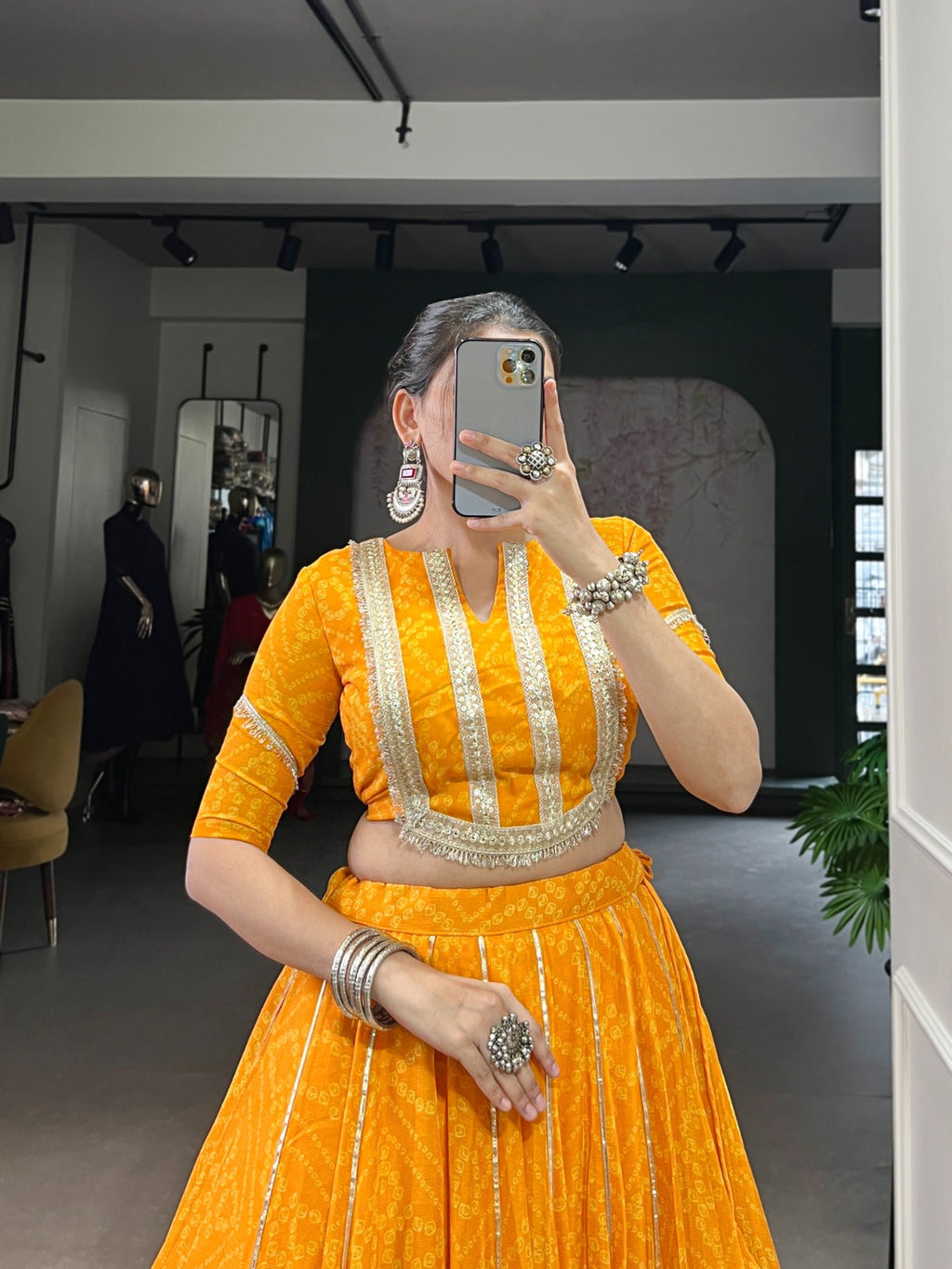 Lorenvalley Fashion Yellow Chiffon Bandhej Print with Sequins and Gotta Patti Lace Touch Up Lehenga Choli | Grocsy