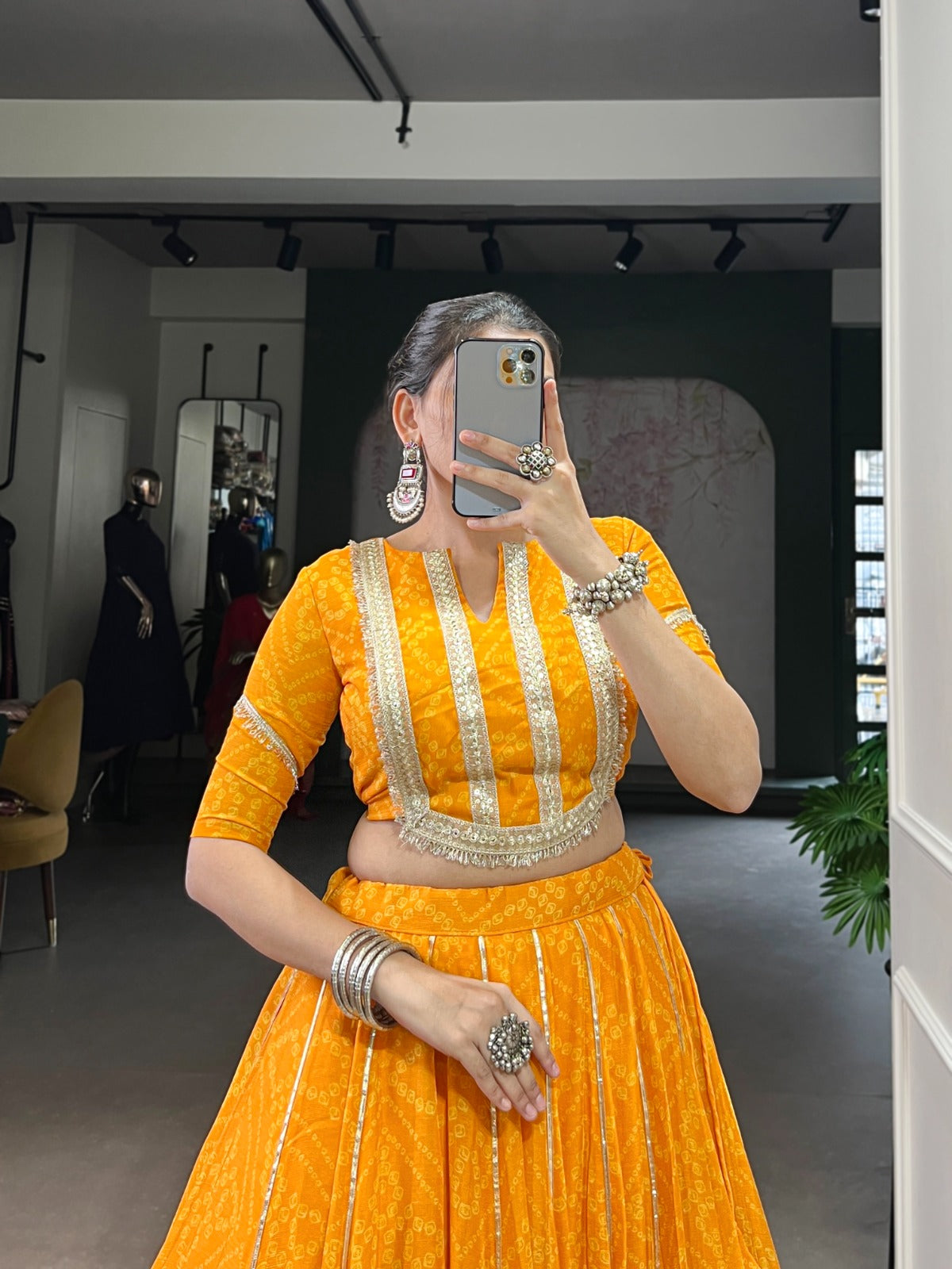 Lorenvalley Fashion Yellow Chiffon Bandhej Print with Sequins and Gotta Patti Lace Touch Up Lehenga Choli | Grocsy