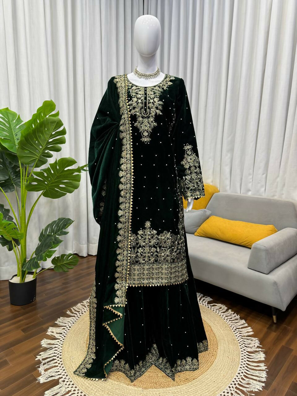 Vastranavya Green Viscose Velvet Cording Sequence With Moti Work Top-Bottom With Dupatta | Grocsy