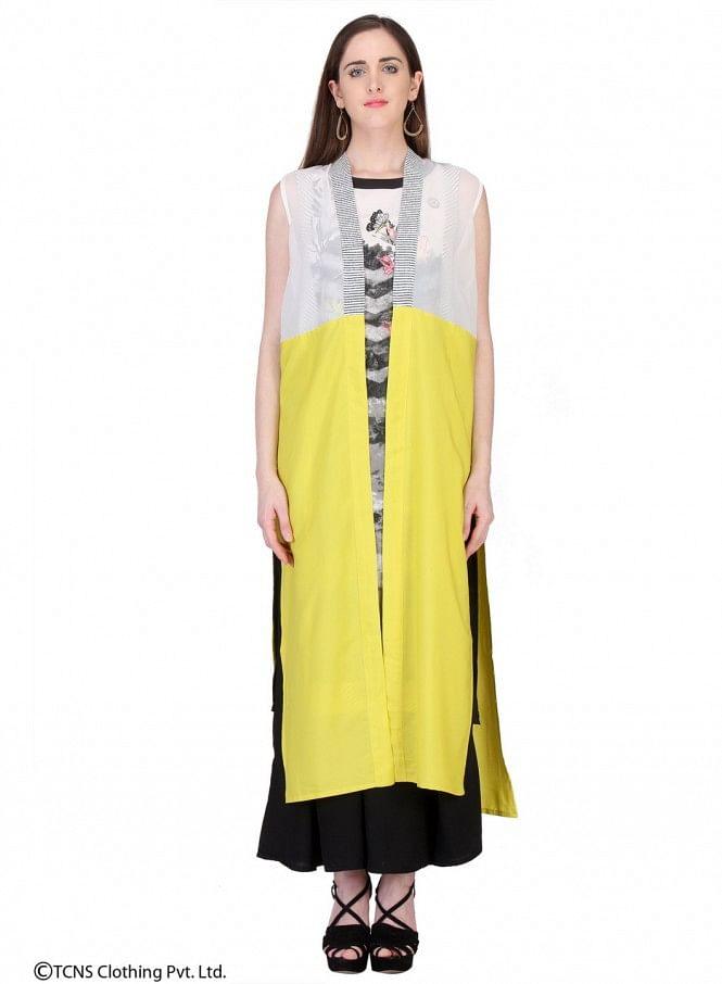 W for Woman Yellow Printed Sleeveless Gillet | Grocsy