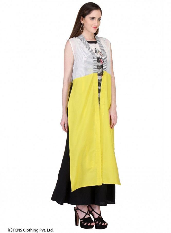 W for Woman Yellow Printed Sleeveless Gillet | Grocsy