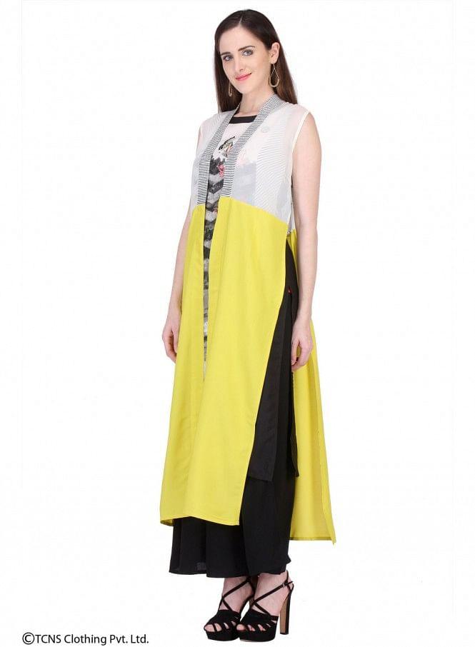 W for Woman Yellow Printed Sleeveless Gillet | Grocsy