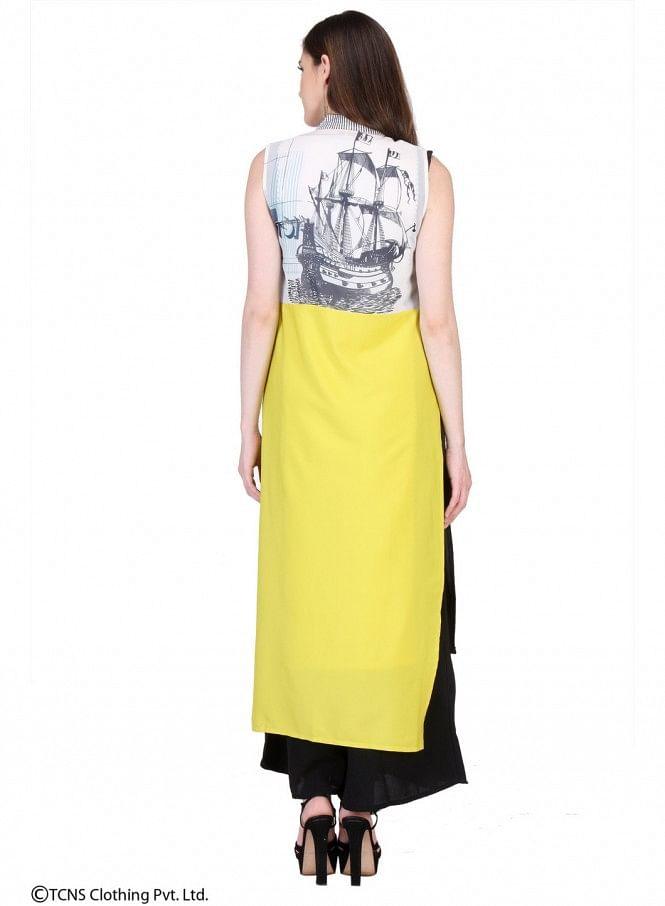 W for Woman Yellow Printed Sleeveless Gillet | Grocsy