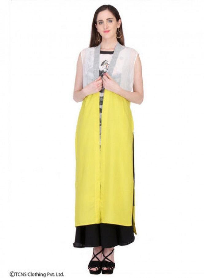 W for Woman Yellow Printed Sleeveless Gillet | Grocsy