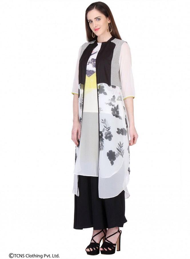 W for Woman White Printed Sleeveless Gillet | Grocsy