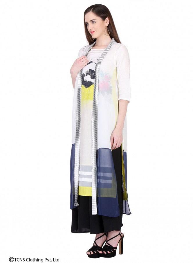 W for Woman White Printed Sleeveless Gillet | Grocsy