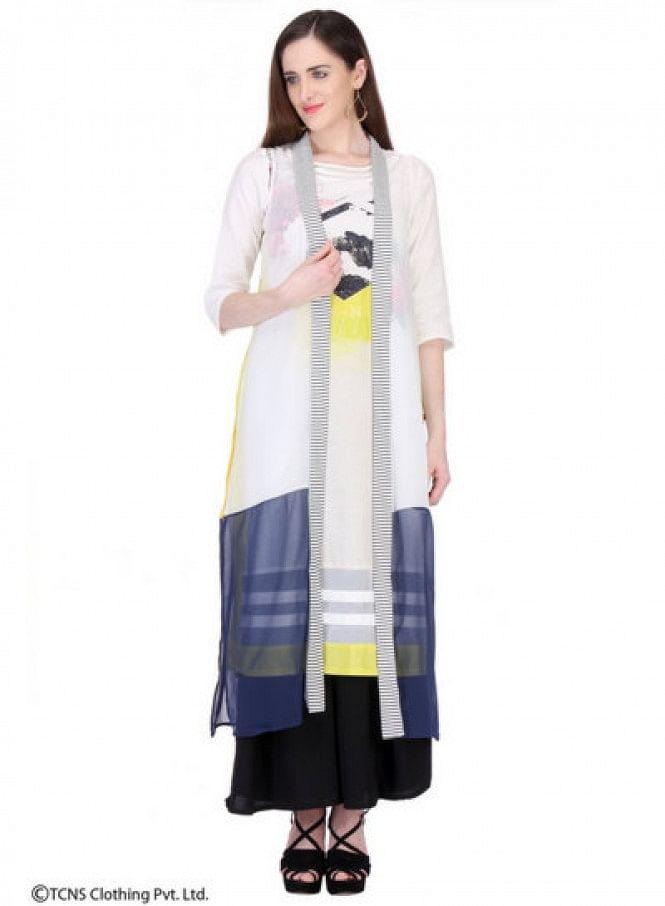 W for Woman White Printed Sleeveless Gillet | Grocsy