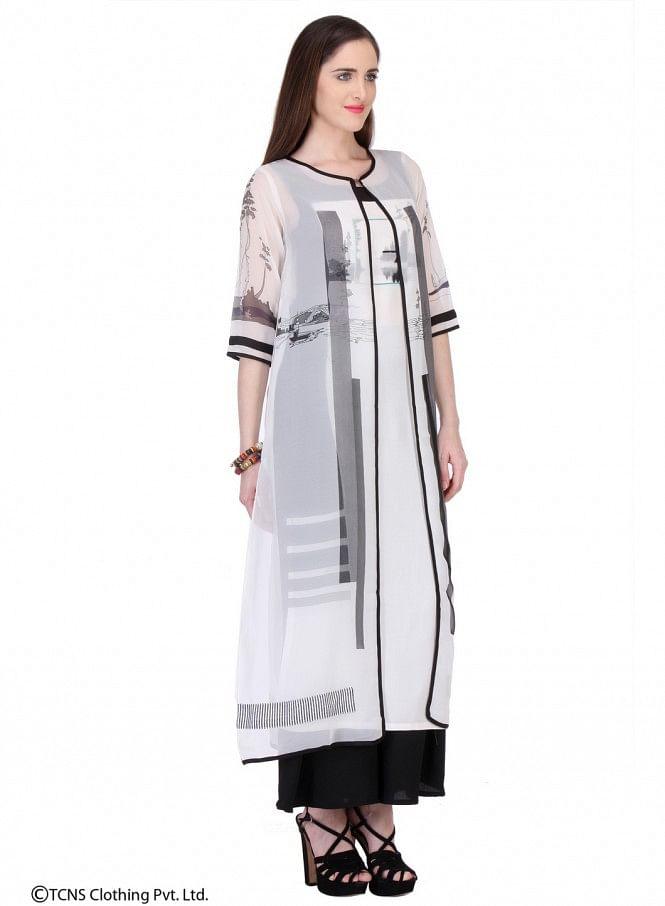 W for Woman White Printed 3/4 Sleeve Gillet | Grocsy