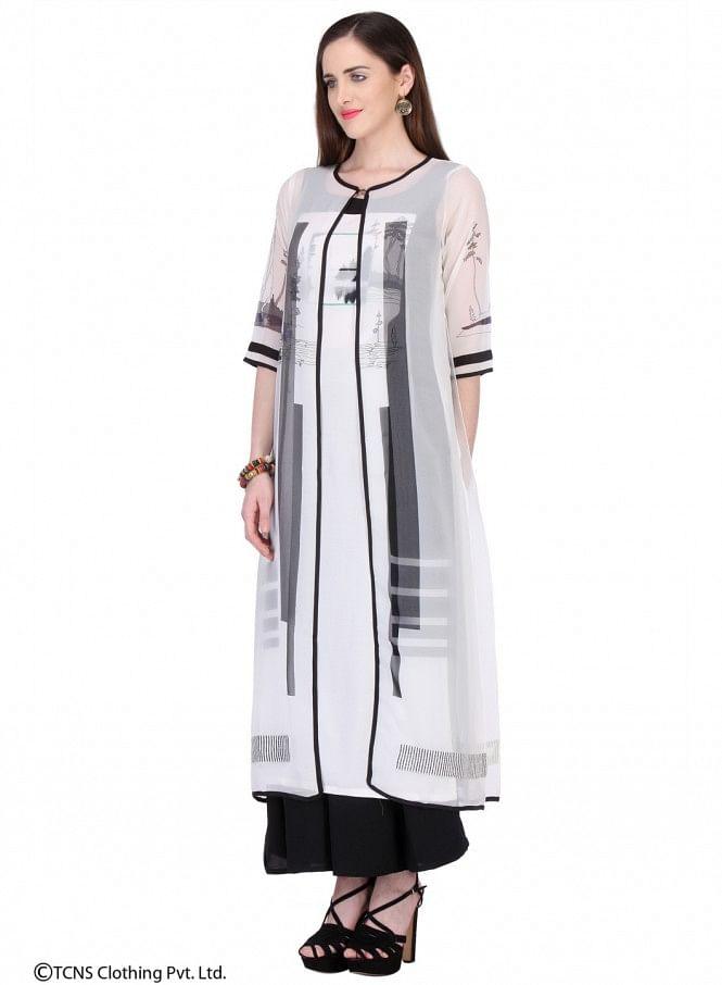 W for Woman White Printed 3/4 Sleeve Gillet | Grocsy