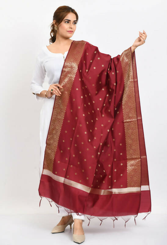 Mominos Fashion Moeza Women's Banarsi Silk Woven Design Maroon Dupatta | Grocsy