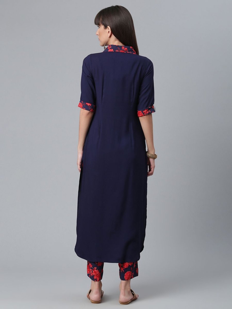 Ahalyaa Navy Blue Solid Rayon Kurta Pant Set | Grocsy
