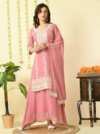 Myshka Women's Pink Georgette Kurta & Skirt With Dupatta Party Sets | Grocsy