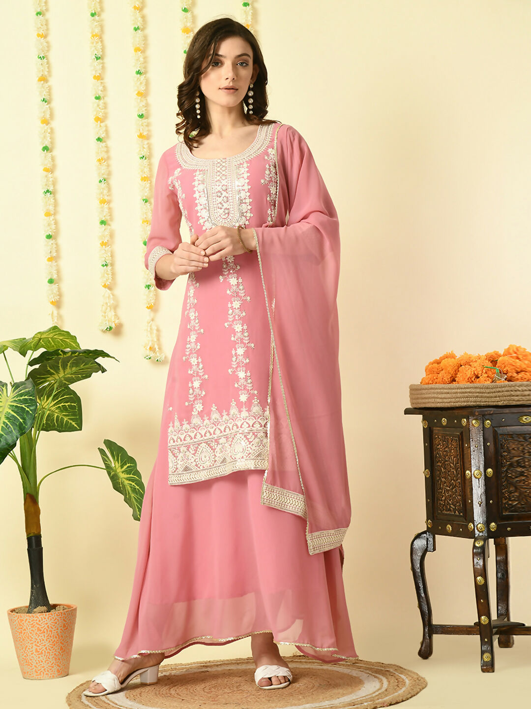 Myshka Women's Pink Georgette Kurta & Skirt With Dupatta Party Sets | Grocsy