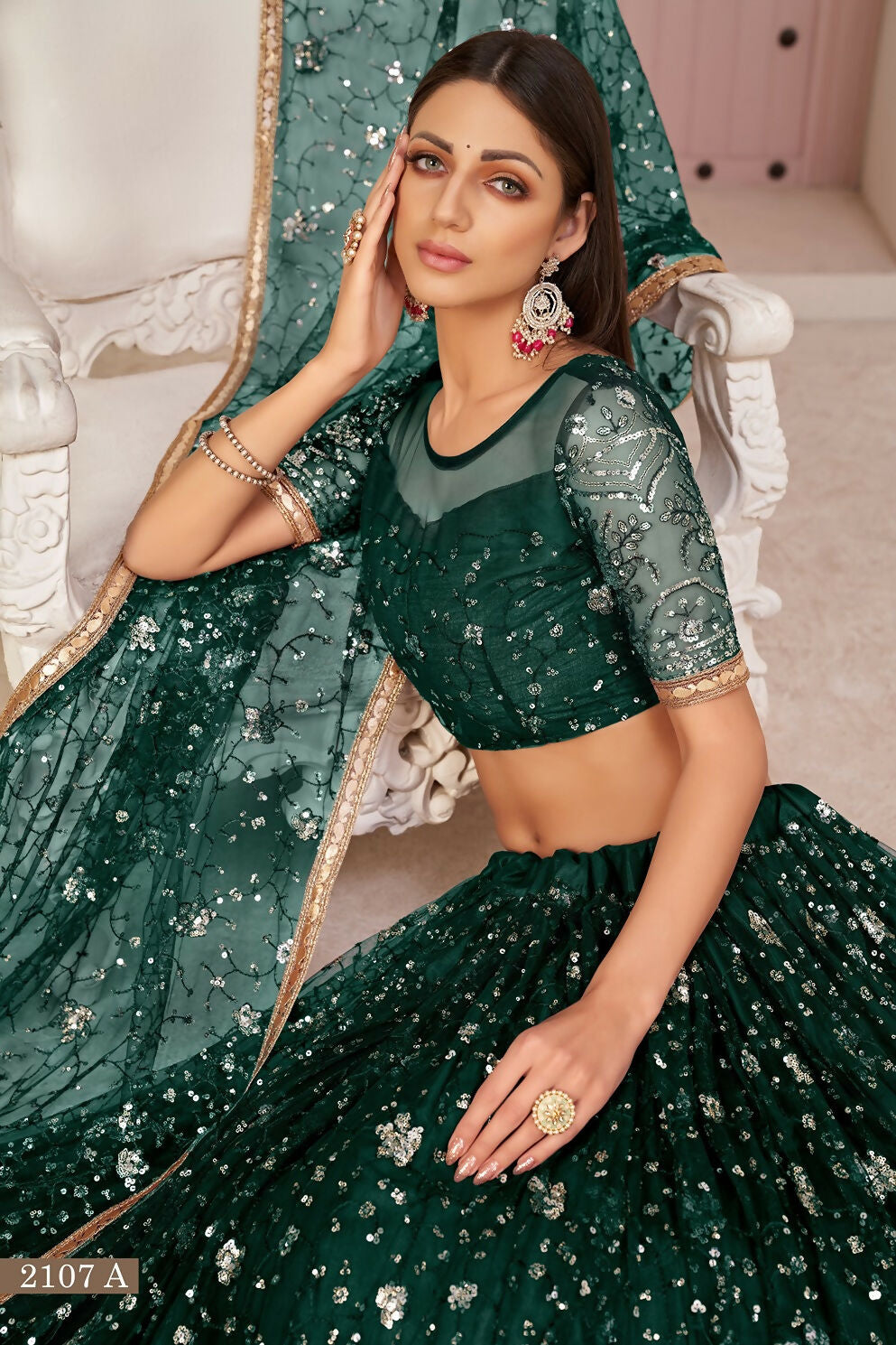 Eilara Women'S Green Butterfly Net Thread With Zari Sandwich Sequence Embroidered Work Lehenga Choli For Festivals | Grocsy