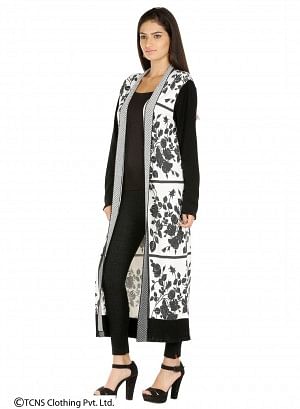 W for Woman White Leaf-Print Long Cardigan | Grocsy