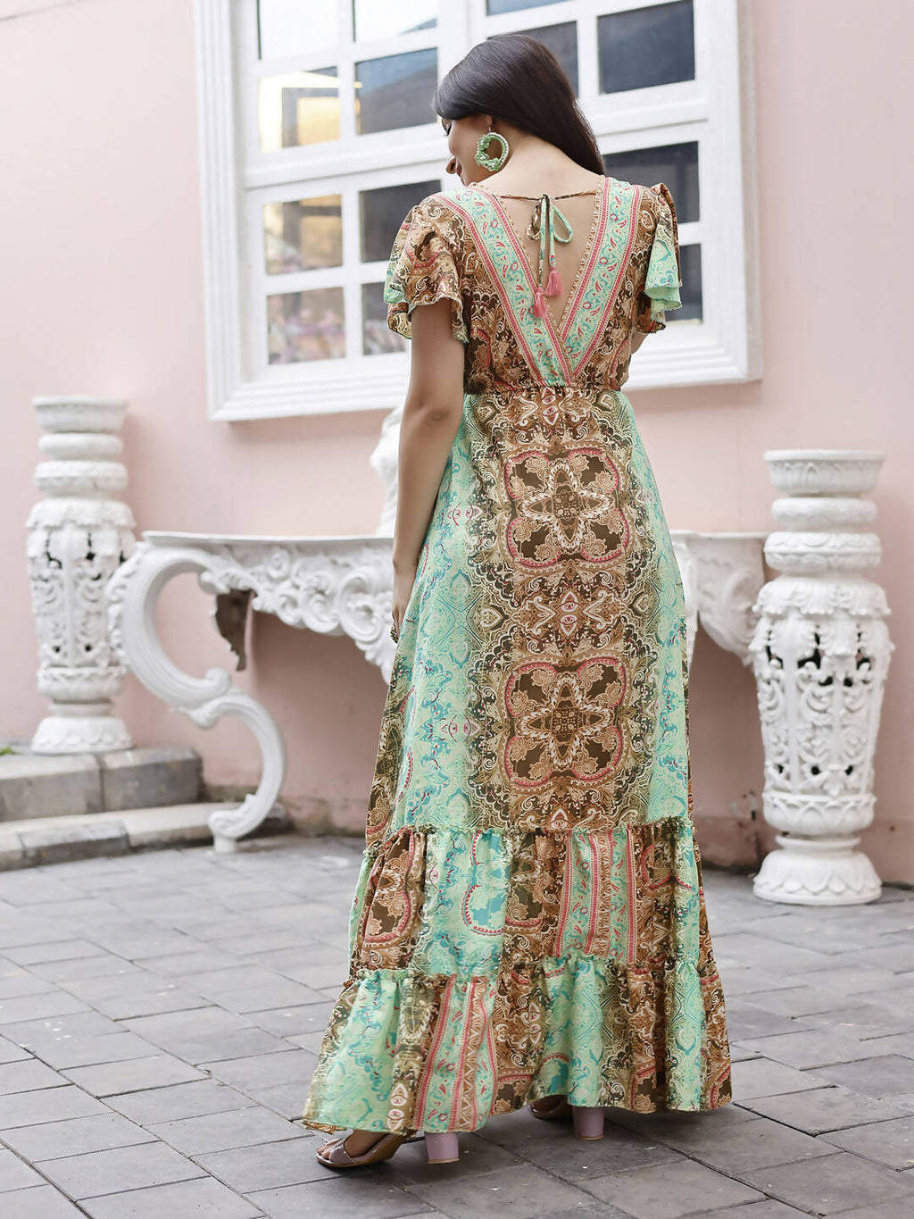 Sea Green Rayon Foil Printed Long Dress - Michan | Grocsy