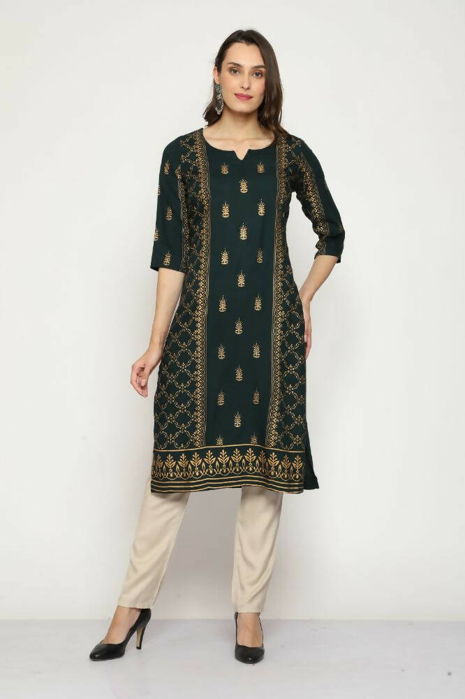 Maai Rayon Hand Printed Kurta Green | Grocsy