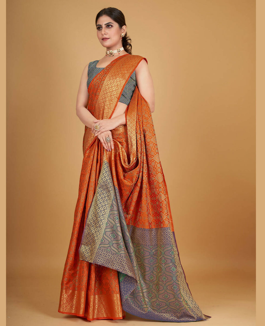 Orange Silk Woven Design Saree With Unstitched Blouse Piece - Akshita | Grocsy
