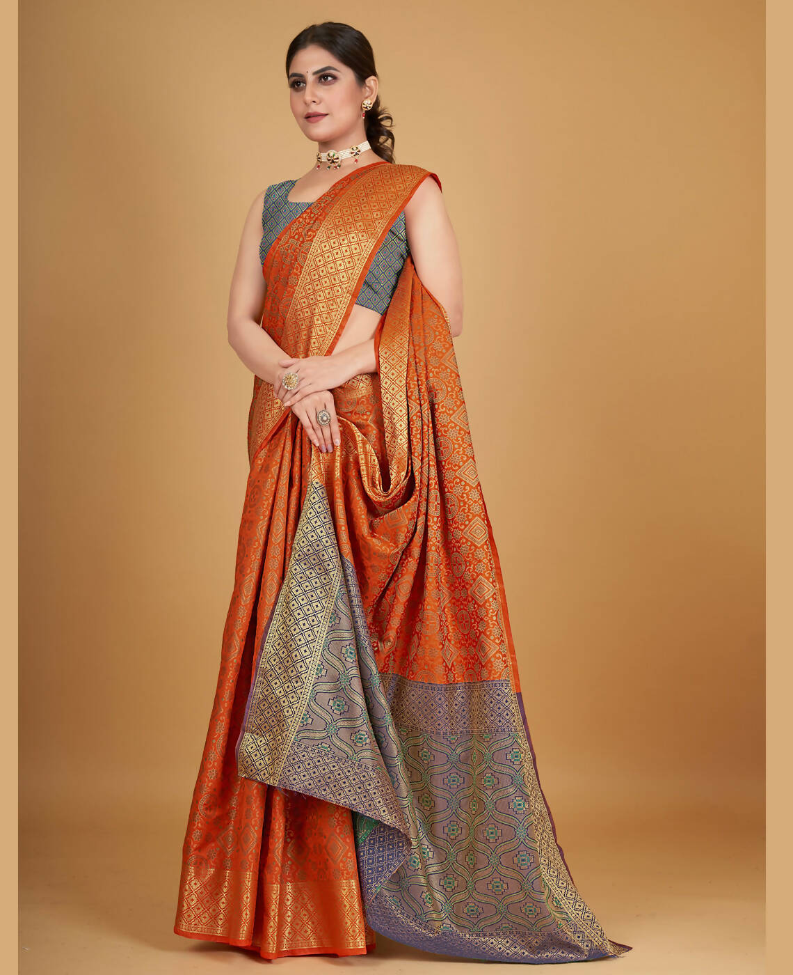 Orange Silk Woven Design Saree With Unstitched Blouse Piece - Akshita | Grocsy