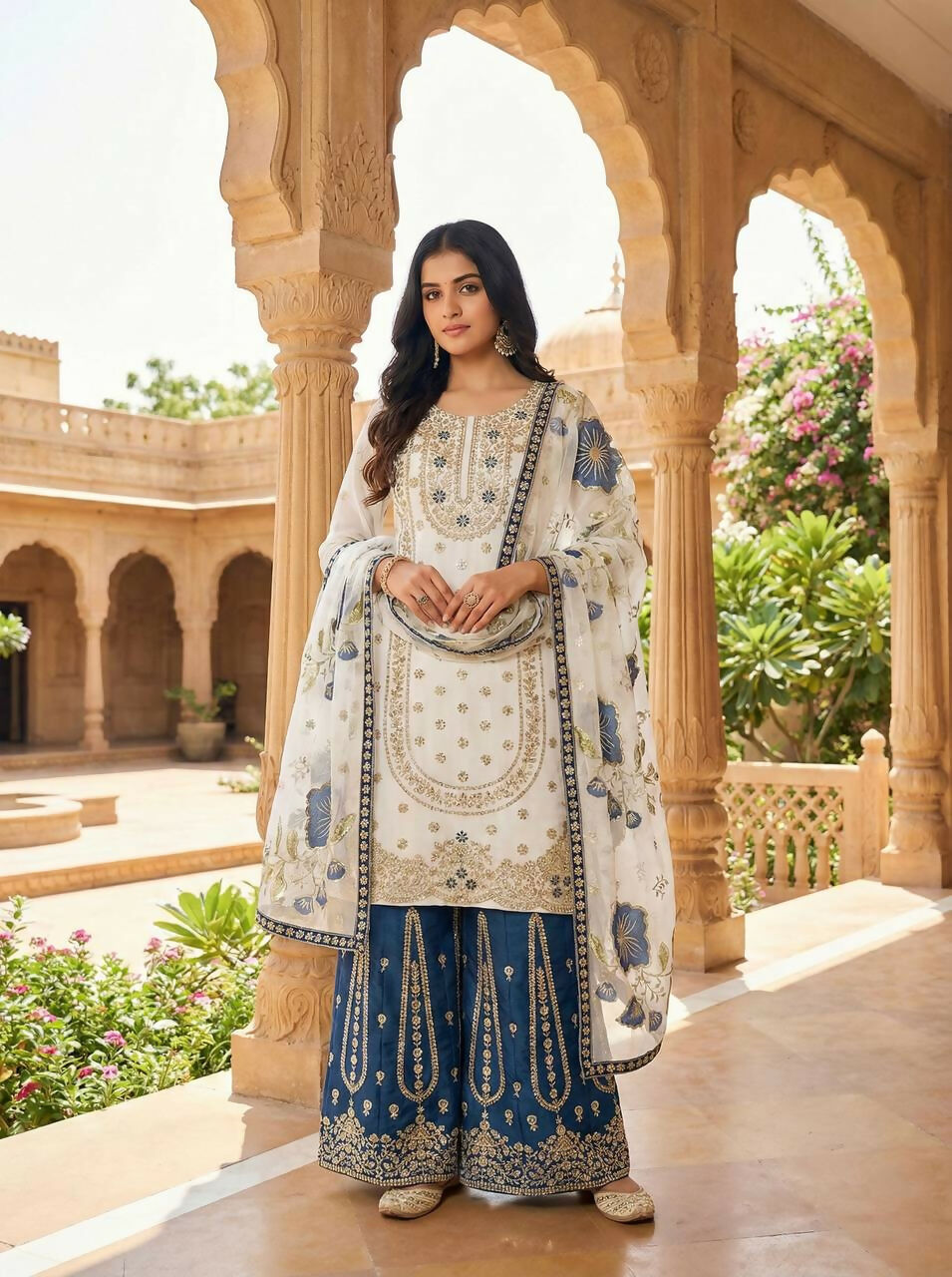 Teeya Creation Blue Gimmy Silk Designer Embroidery Work Wedding Wear Palazzo Pair | Grocsy