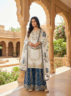 Teeya Creation Blue Gimmy Silk Designer Embroidery Work Wedding Wear Palazzo Pair | Grocsy