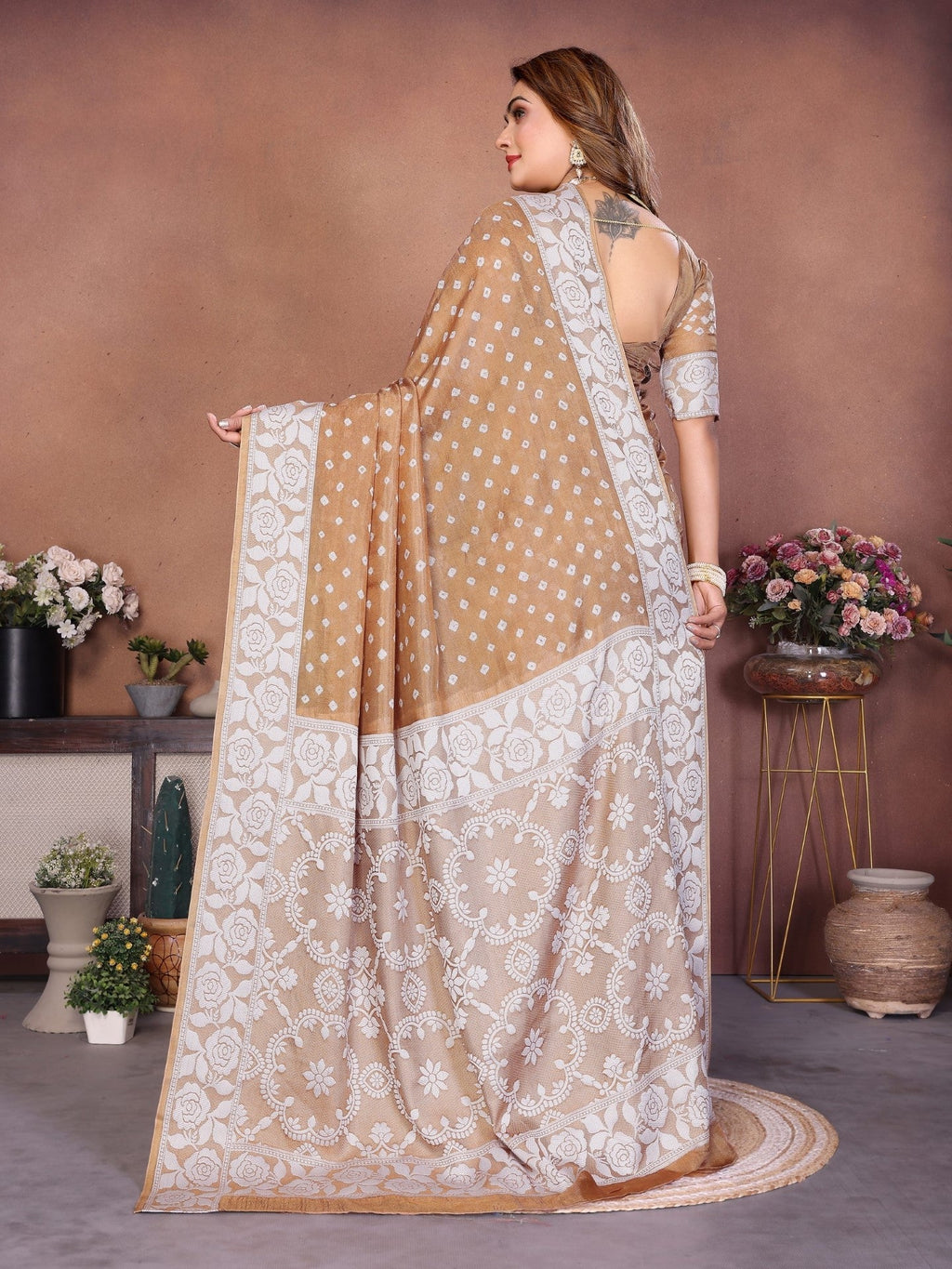 Anaita Cream Handmade Bandhej Viscose Silk Saree With Blouse | Grocsy