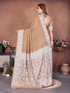 Anaita Cream Handmade Bandhej Viscose Silk Saree With Blouse | Grocsy