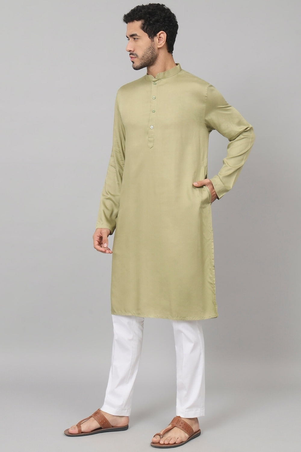 Giza Cotton Olive Green Plain Kurta by Hilo Design | Grocsy